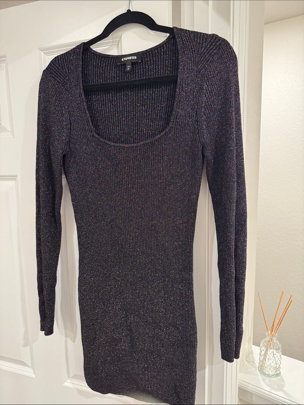 NWOT Express Black Ribbed Metallic Knit Bodycon Dress with Multicolor Sparkles